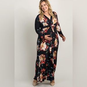 Pink Blush Black Floral Front Twist Long Sleeve Maxi Dress • Size M